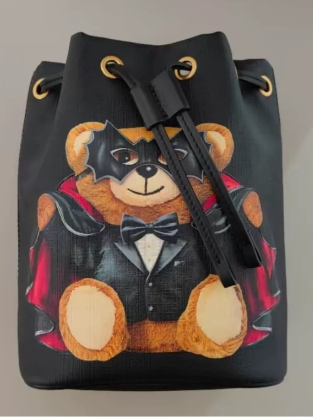 Moschino Black Batman Teddy Graphic Drawstring Bucket Bag Jeremy Scott Designed
